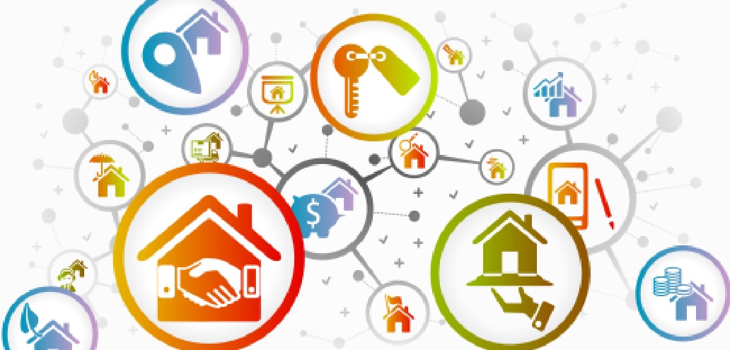 Colorful icons representing various aspects of real estate, including a house, handshake, keys, location marker, and financial symbols, interconnected by lines and nodes.