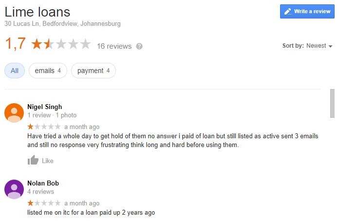 Lime Loans google customer reviews